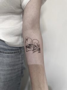 Framed landscape tattoo in minimalist fine line style – Tizio Art