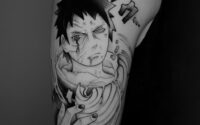 Anime tattoo design featuring a dynamic character from Japanese anime, showcasing bold lines and intricate details