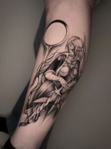 Fire Keeper Tribute – Dark-Inspired Ink Monochrome tattoo of the Fire Keeper from Dark Souls – Tizio Art