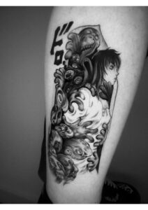 Detailed manga tattoo sleeve with surreal characters by Tiziano in Antwerp