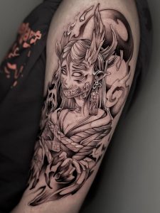 Neo Japanese blackwork tattoo of a possessed miko with ofuda talismans and flames, inspired by traditional Shinto rituals.